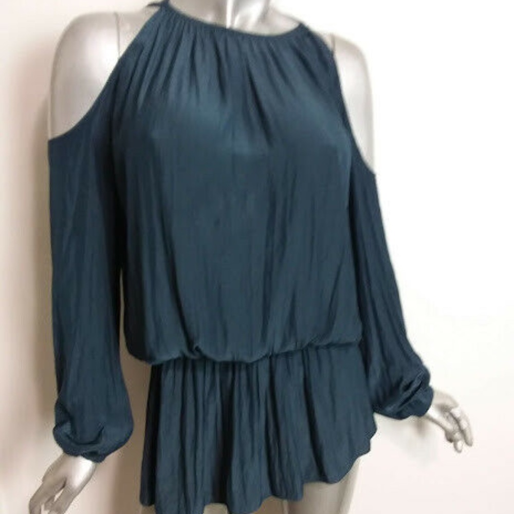 SALE!!! Medium Solid Green Cold Shoulder Peplum Top Cap Long Sleeve Round Neck